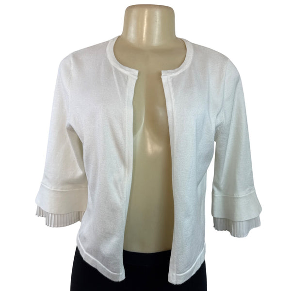 DKNY Womens Open Front Cardigan With Pleated Cuffs White 3/4 Sleeve
