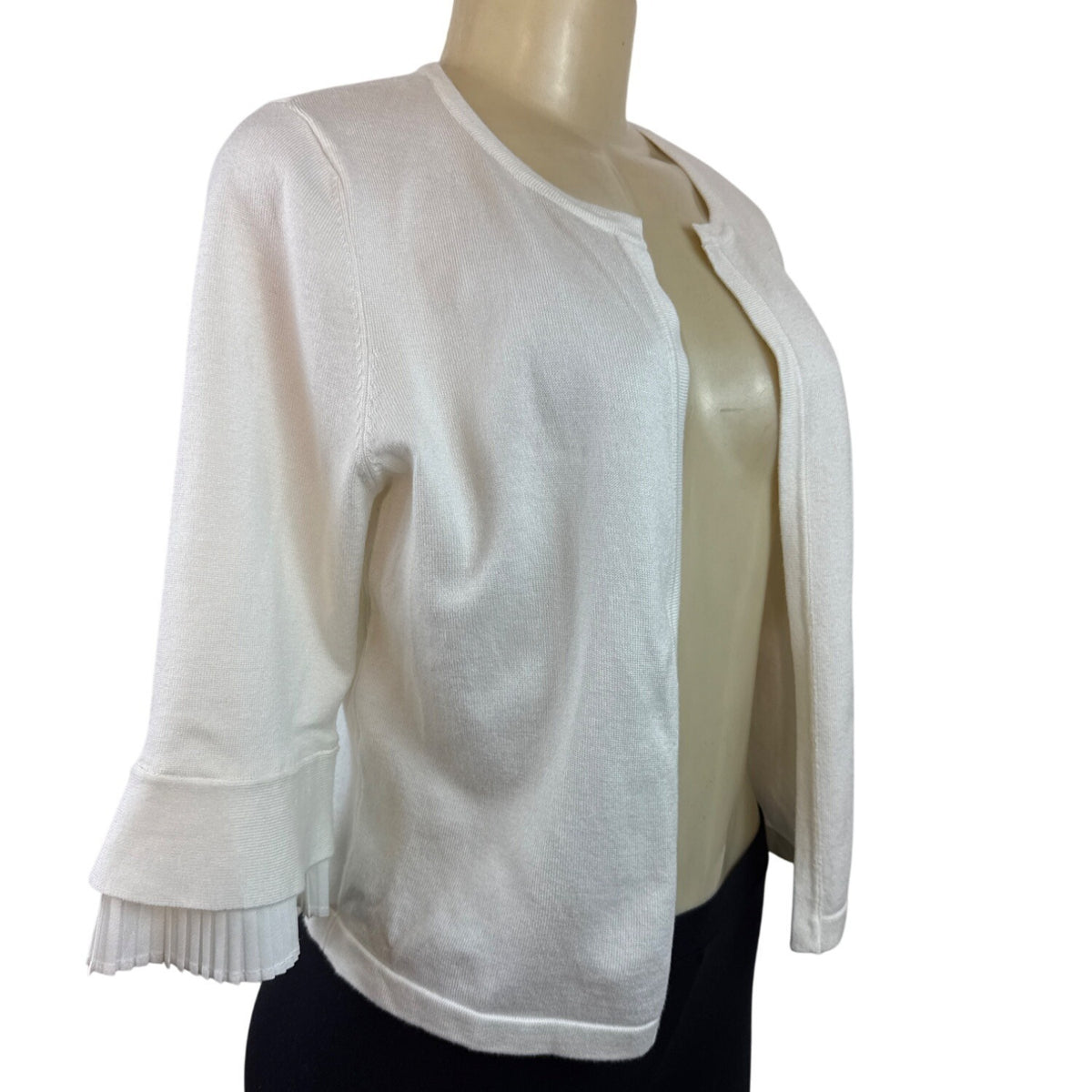 DKNY Womens Open Front Cardigan With Pleated Cuffs White 3/4 Sleeve