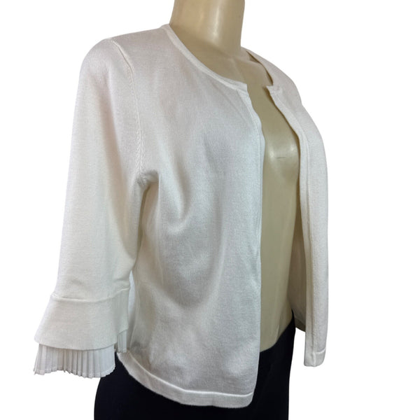 DKNY Womens Open Front Cardigan With Pleated Cuffs White 3/4 Sleeve