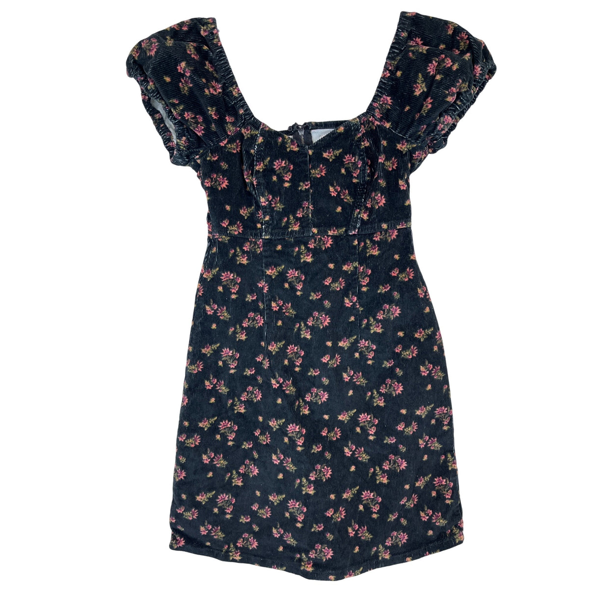 So Womens Black Floral Corduroy Puff Sleeve Mini Dress With Back Zipper Size S