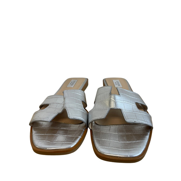 Steven Women’s Silver Faux Leather Croc Slide Sandals Size 9 Square Toe Casual Shoes