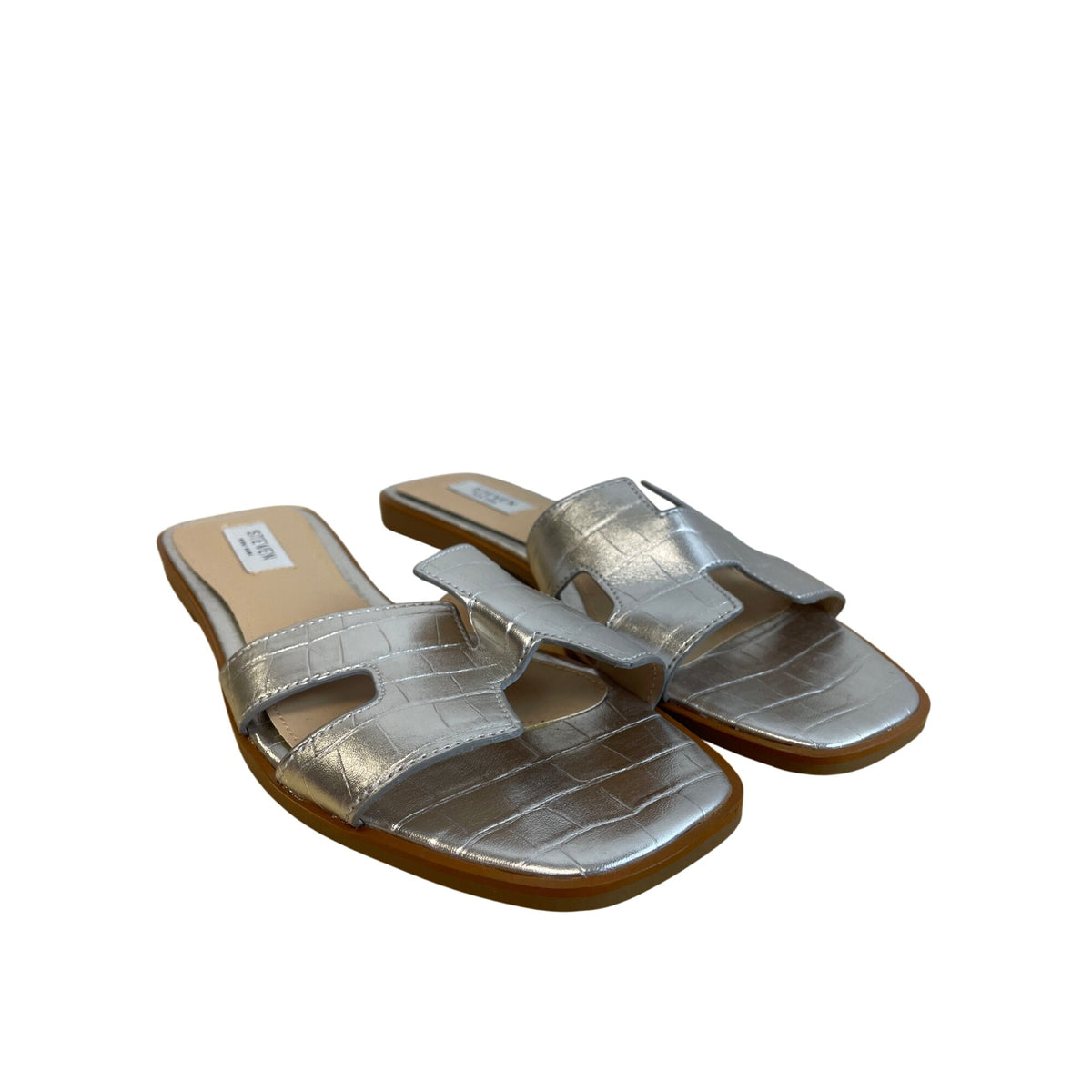 Steven Women’s Silver Faux Leather Croc Slide Sandals Size 9 Square Toe Casual Shoes