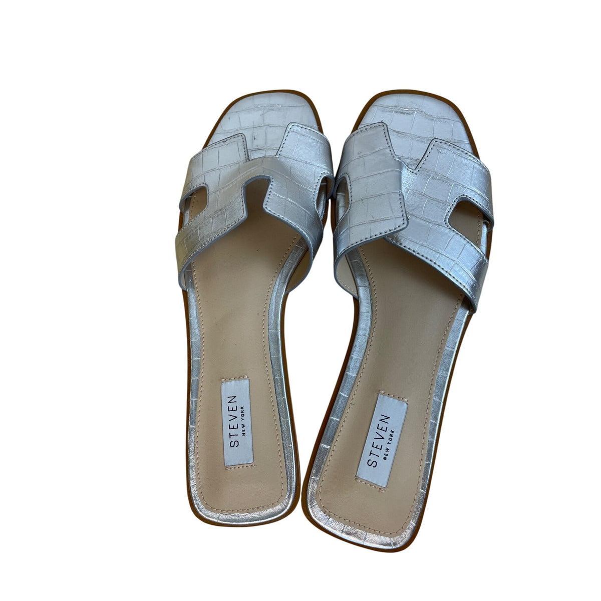 Steven Women’s Silver Faux Leather Croc Slide Sandals Size 9 Square Toe Casual Shoes