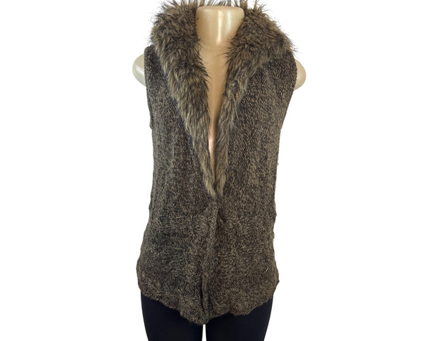 Linda Matthews Faux Fur Trim Sweater Vest Brown Sleeveless Soft Knit Womens Sz S