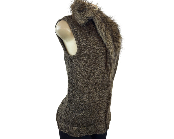 Linda Matthews Faux Fur Trim Sweater Vest Brown Sleeveless Soft Knit Womens Sz S