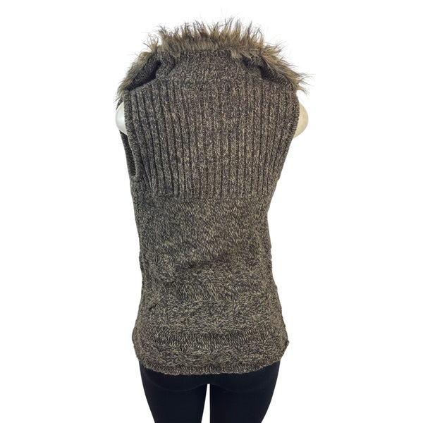 Linda Matthews Faux Fur Trim Sweater Vest Brown Sleeveless Soft Knit Womens Sz S
