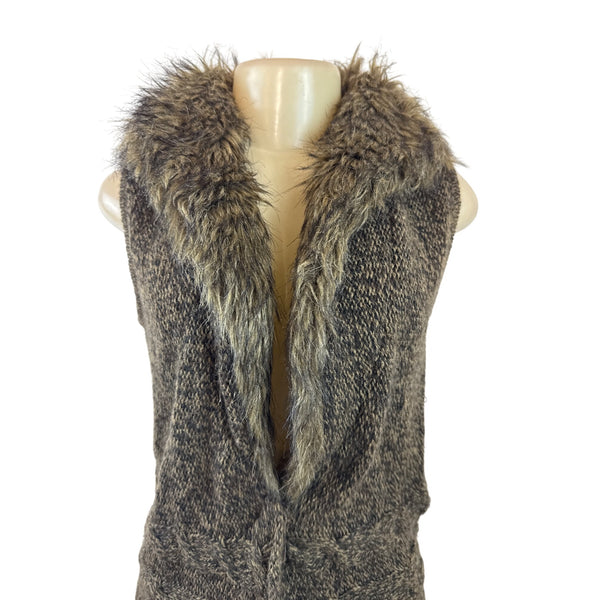 Linda Matthews Faux Fur Trim Sweater Vest Brown Sleeveless Soft Knit Womens Sz S
