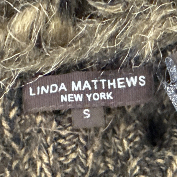 Linda Matthews Faux Fur Trim Sweater Vest Brown Sleeveless Soft Knit Womens Sz S
