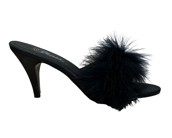 Pleaser Women’s Black Faux Feather Open-Toe Mules Stiletto Heel Sz 8
