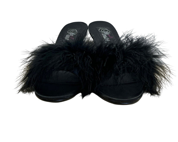 Pleaser Women’s Black Faux Feather Open-Toe Mules Stiletto Heel Sz 8