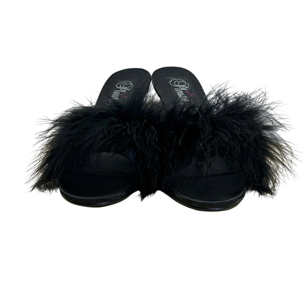 Pleaser Women’s Black Faux Feather Open-Toe Mules Stiletto Heel Sz 8
