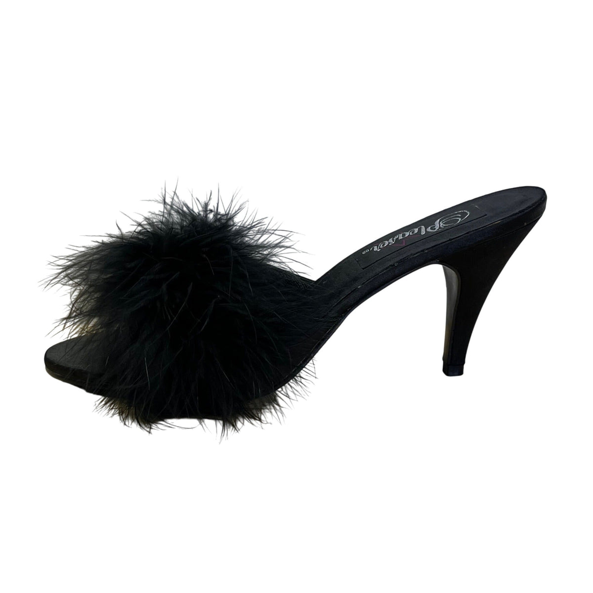 Pleaser Women’s Black Faux Feather Open-Toe Mules Stiletto Heel Sz 8