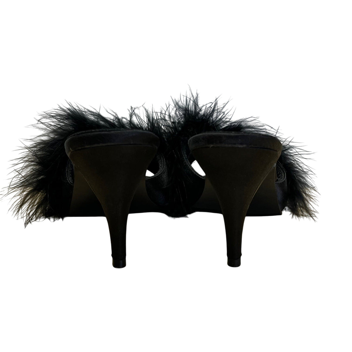 Pleaser Women’s Black Faux Feather Open-Toe Mules Stiletto Heel Sz 8