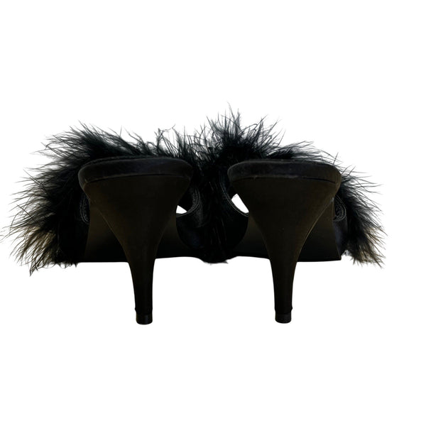 Pleaser Women’s Black Faux Feather Open-Toe Mules Stiletto Heel Sz 8