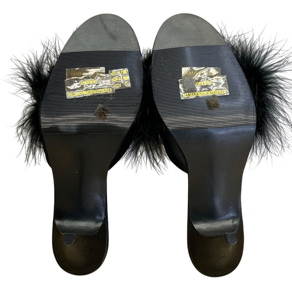 Pleaser Women’s Black Faux Feather Open-Toe Mules Stiletto Heel Sz 8