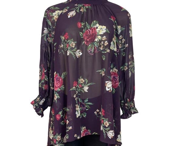DR2 Purple Floral Sheer High-Low Tunic Top With Keyhole Back Sz M - New