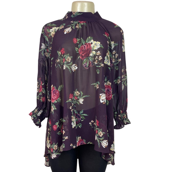 DR2 Purple Floral Sheer High-Low Tunic Top With Keyhole Back Sz M - New