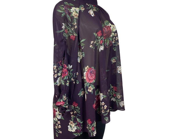 DR2 Purple Floral Sheer High-Low Tunic Top With Keyhole Back Sz M - New