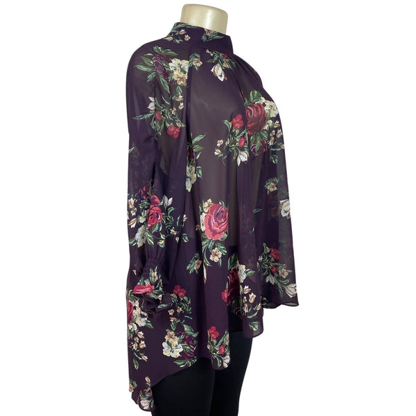 DR2 Purple Floral Sheer High-Low Tunic Top With Keyhole Back Sz M - New