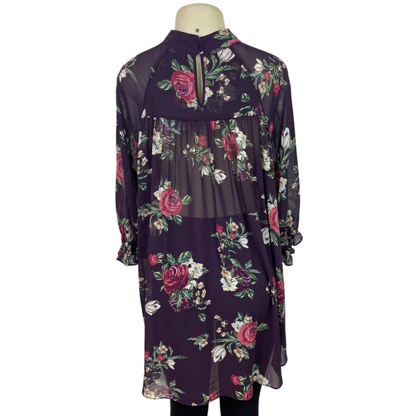 DR2 Purple Floral Sheer High-Low Tunic Top With Keyhole Back Sz M - New