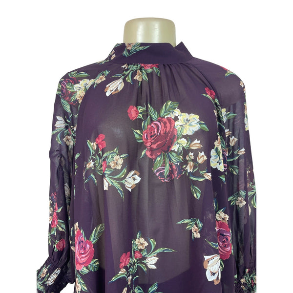 DR2 Purple Floral Sheer High-Low Tunic Top With Keyhole Back Sz M - New