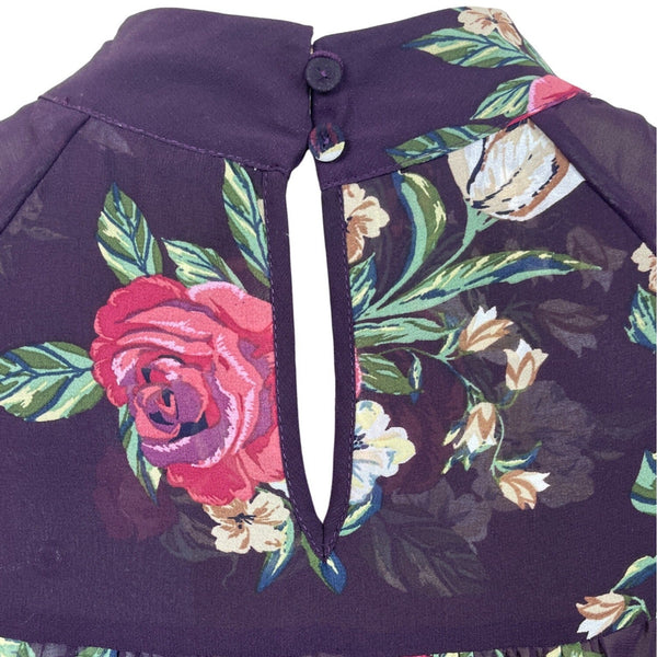 DR2 Purple Floral Sheer High-Low Tunic Top With Keyhole Back Sz M - New