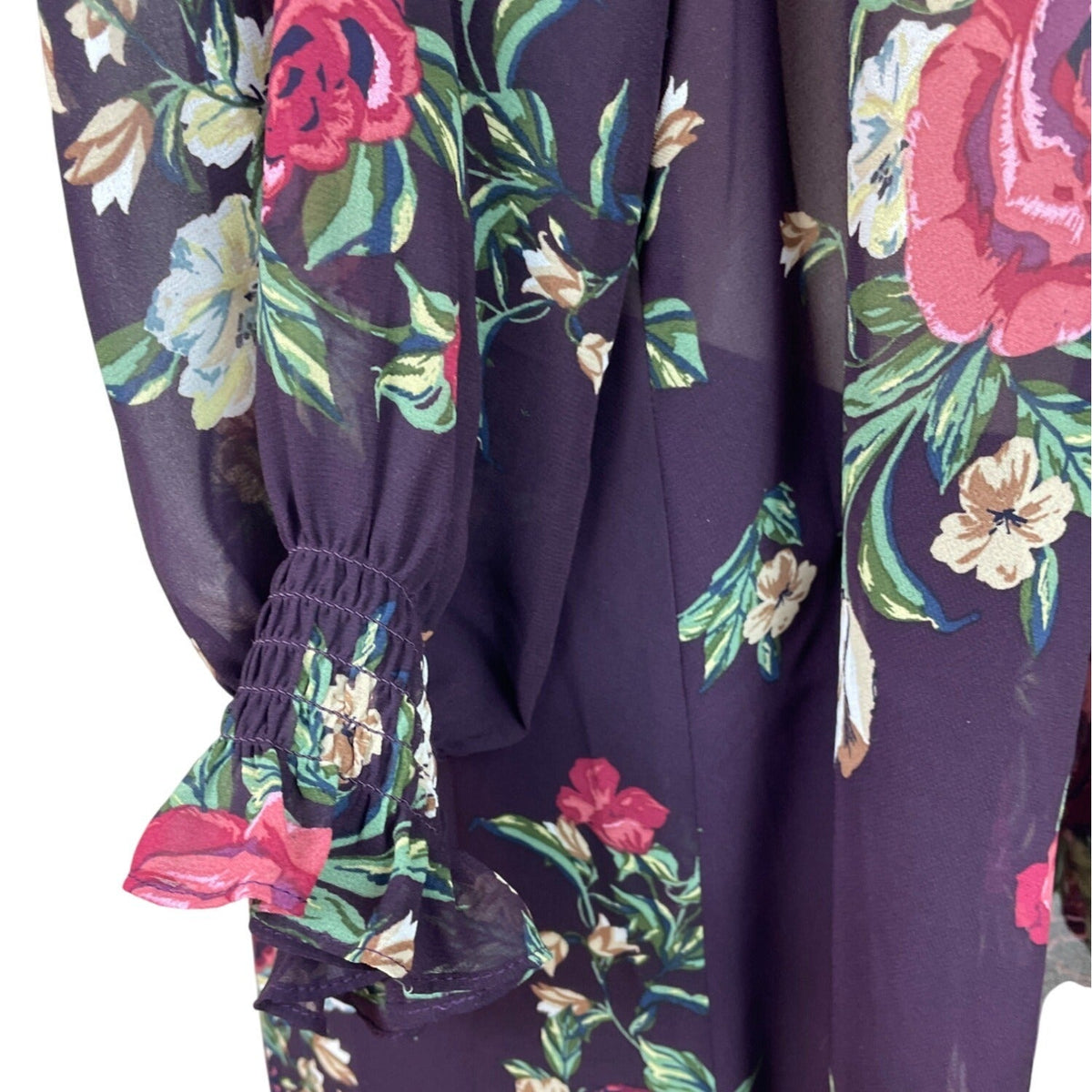 DR2 Purple Floral Sheer High-Low Tunic Top With Keyhole Back Sz M - New