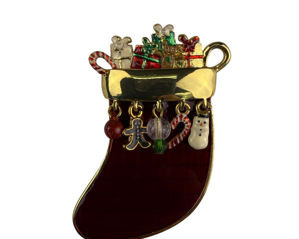 Colorful Stocking Pin Brooch Gold Tone Christmas Holiday Charm Beads Gift