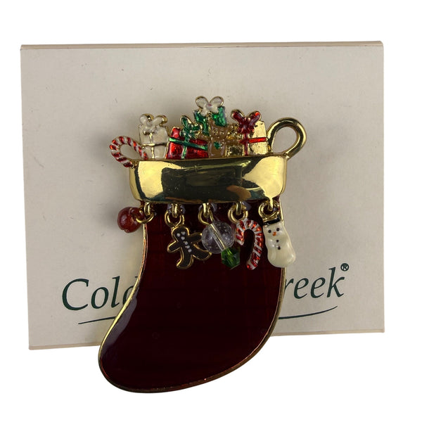 Colorful Stocking Pin Brooch Gold Tone Christmas Holiday Charm Beads Gift