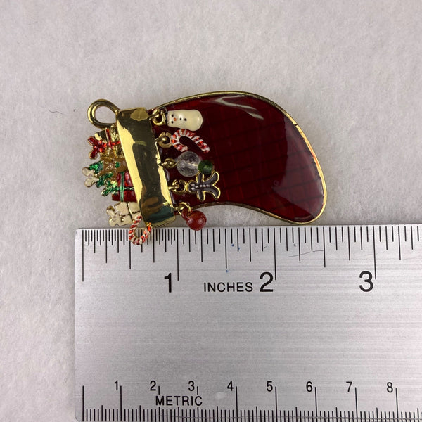 Colorful Stocking Pin Brooch Gold Tone Christmas Holiday Charm Beads Gift