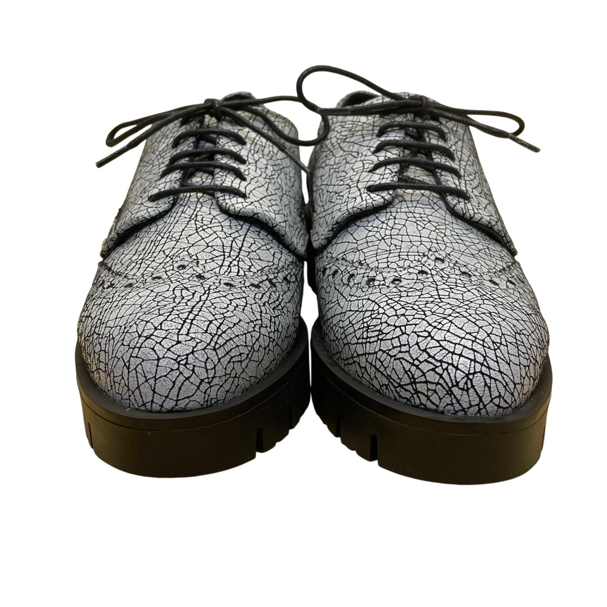 Shellys London Women’s Silver Crackle Platform Lace-Up Brogue Shoes Size 6.5US
