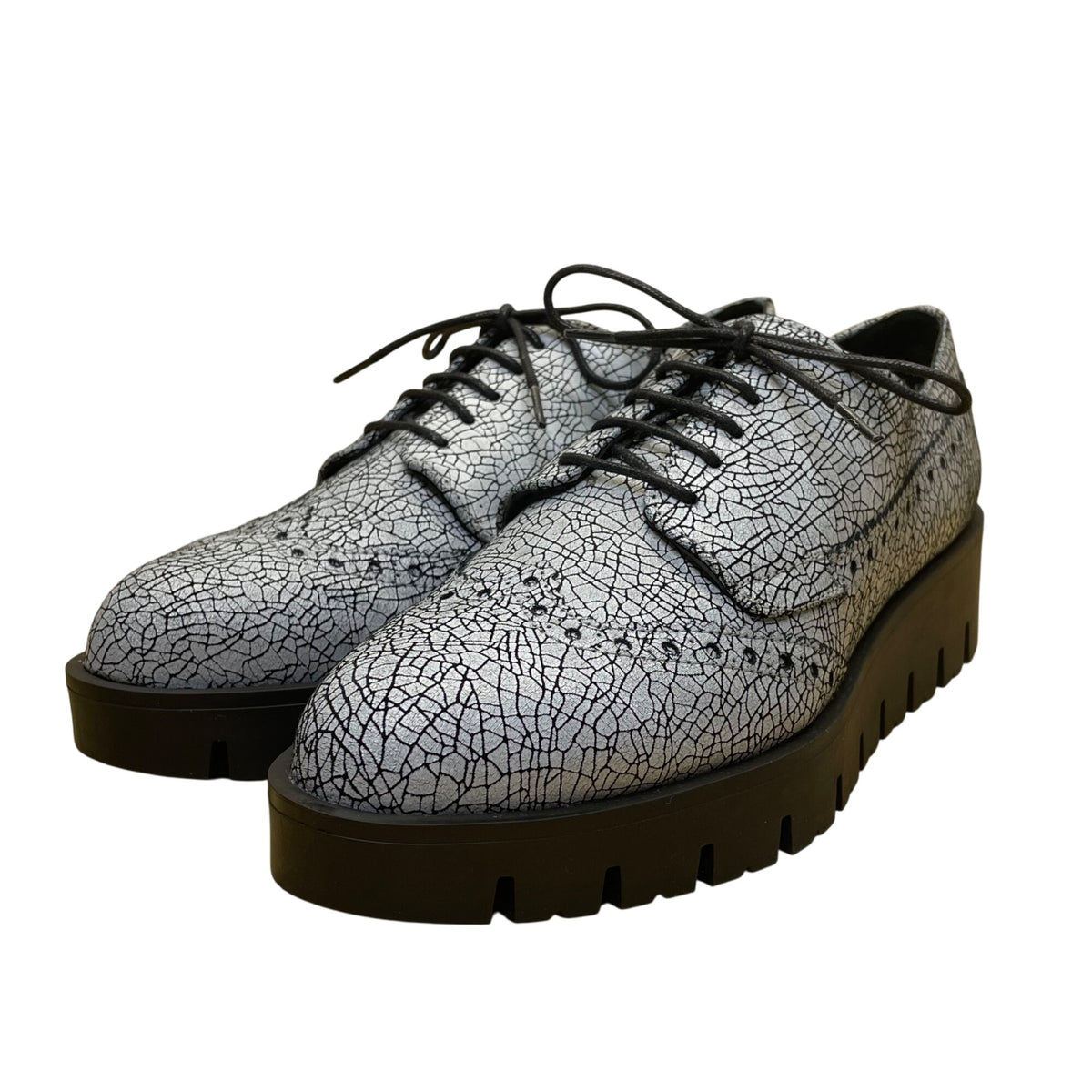 Shellys London Women’s Silver Crackle Platform Lace-Up Brogue Shoes Size 6.5US