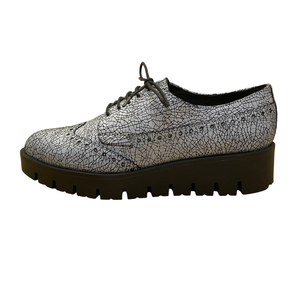 Shellys London Women’s Silver Crackle Platform Lace-Up Brogue Shoes Size 6.5US