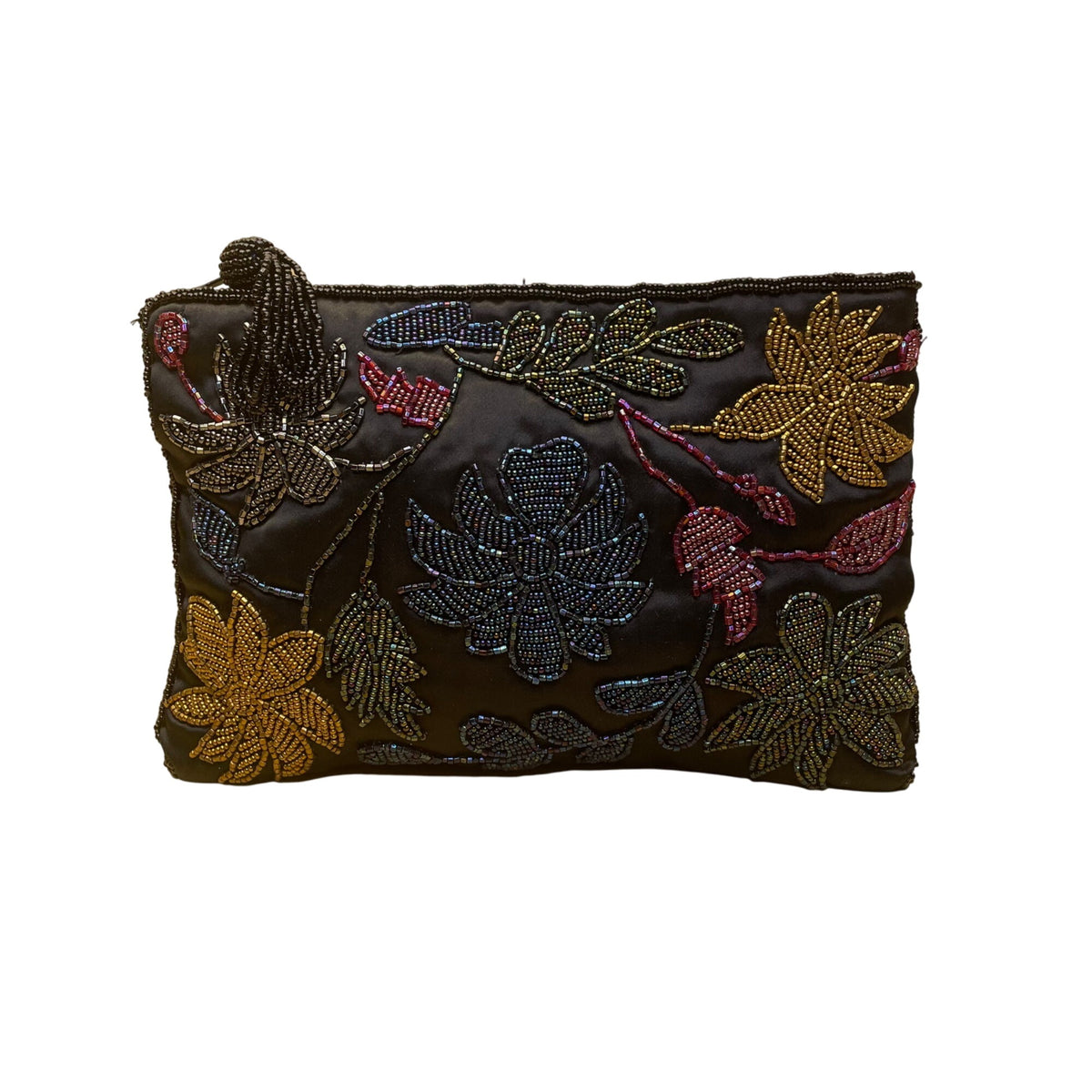 Women’s Black Multicolor Beaded Floral Zipper Closure Satin Evening Bag