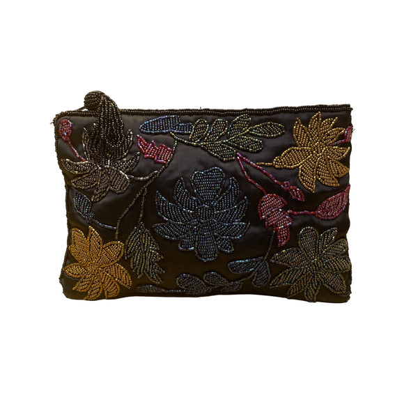 Women’s Black Multicolor Beaded Floral Zipper Closure Satin Evening Bag