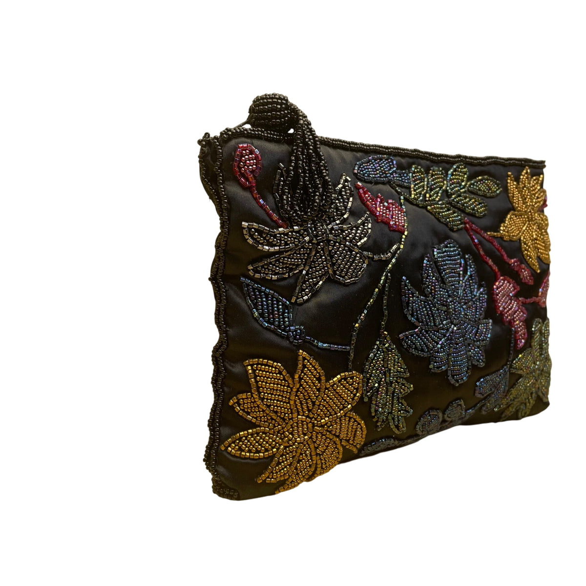 Women’s Black Multicolor Beaded Floral Zipper Closure Satin Evening Bag