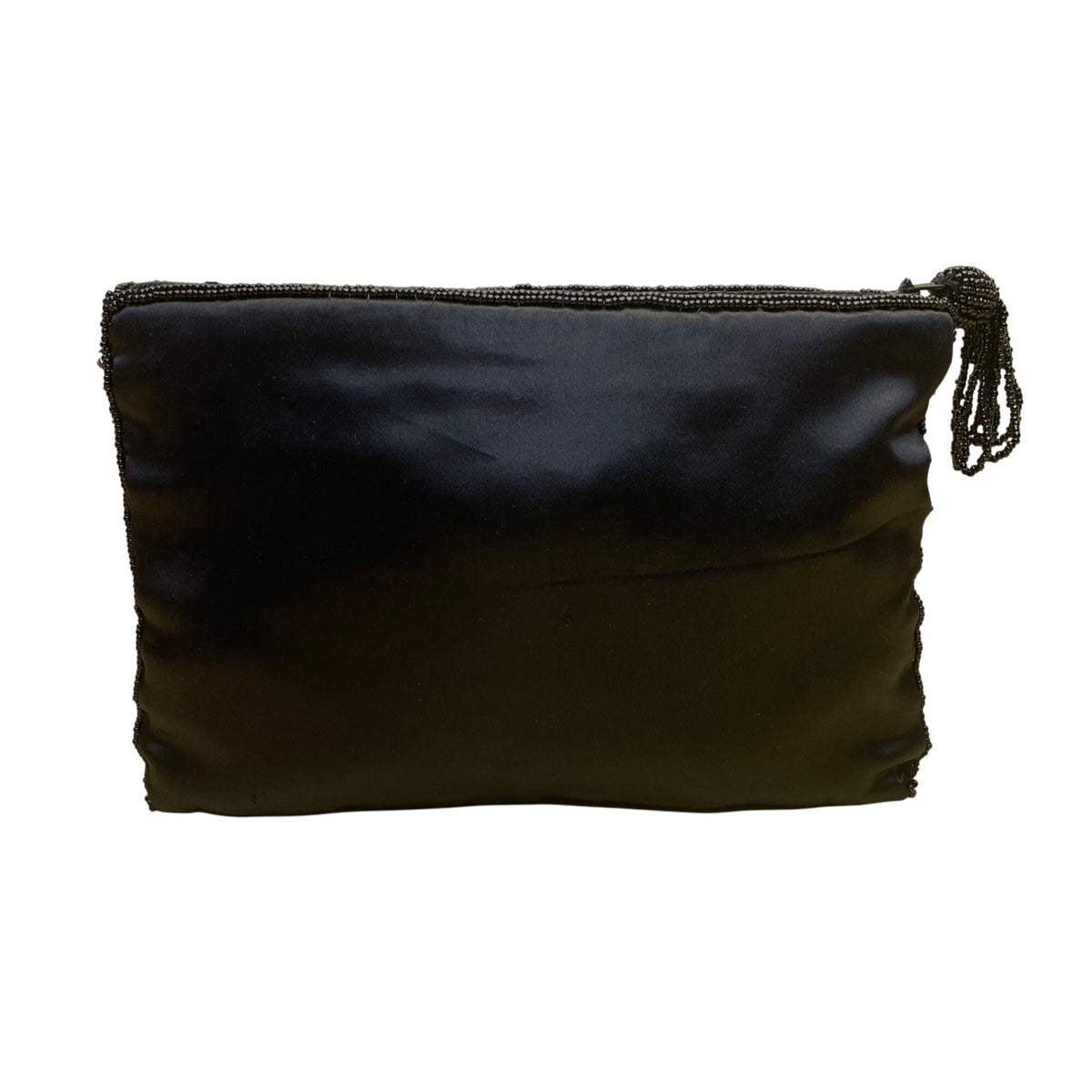 Women’s Black Multicolor Beaded Floral Zipper Closure Satin Evening Bag