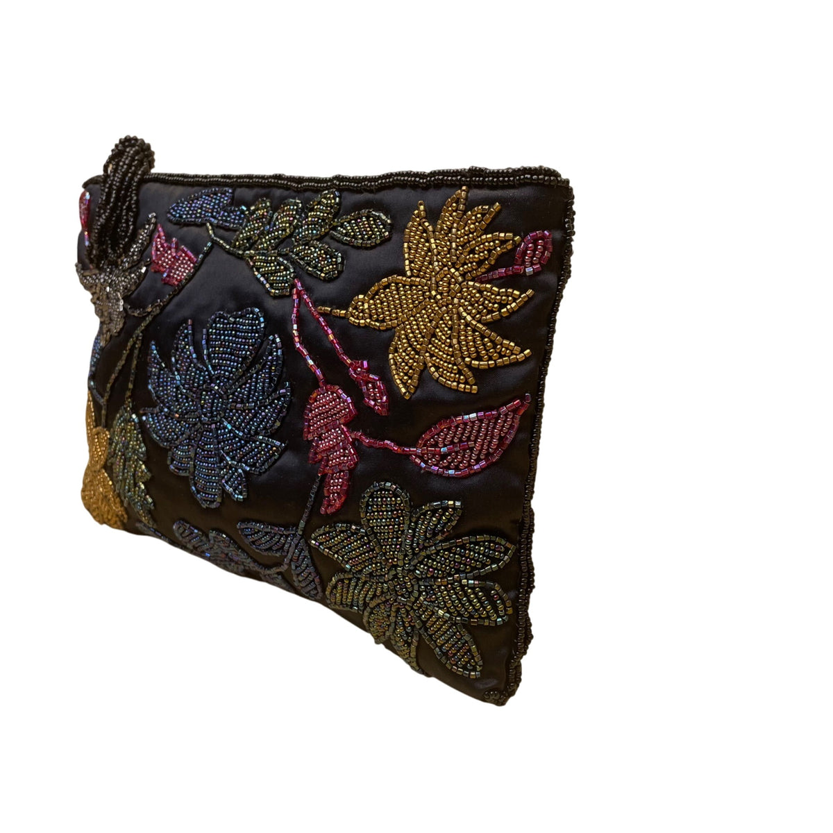 Women’s Black Multicolor Beaded Floral Zipper Closure Satin Evening Bag