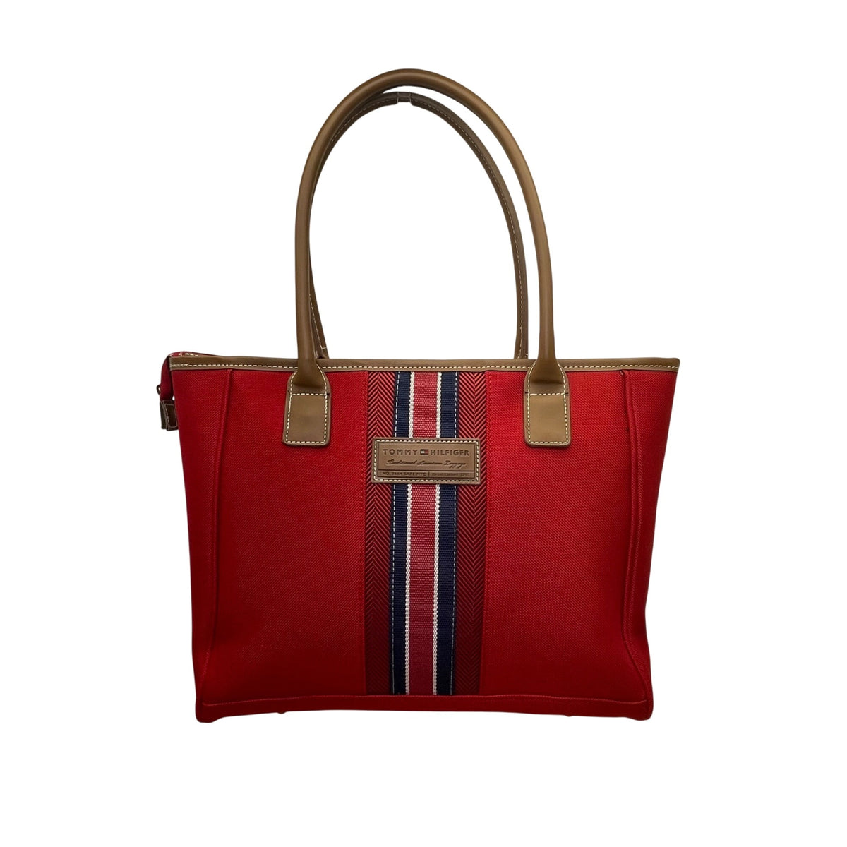 Tommy Hilfiger Women’s Red & Blue Canvas & Faux Leather Striped Accent Tote Bag