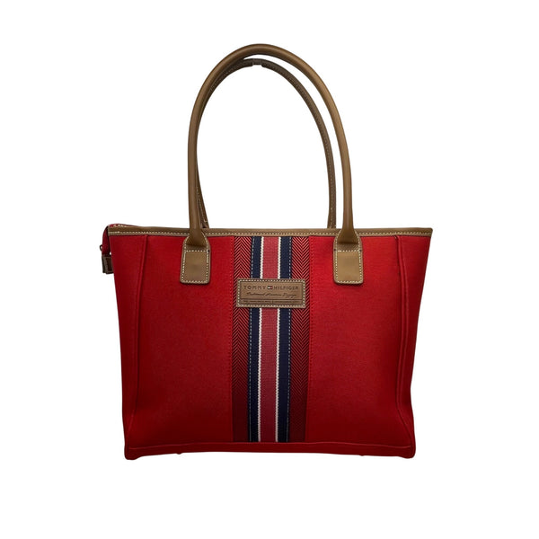 Tommy Hilfiger Women’s Red & Blue Canvas & Faux Leather Striped Accent Tote Bag
