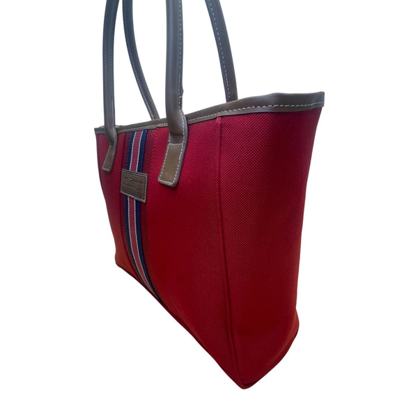 Tommy Hilfiger Women’s Red & Blue Canvas & Faux Leather Striped Accent Tote Bag