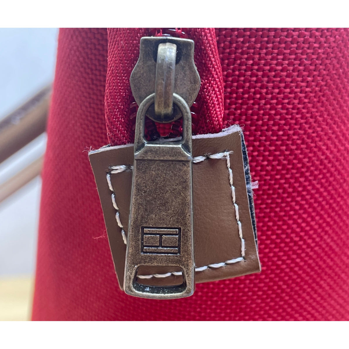 Tommy Hilfiger Women’s Red & Blue Canvas & Faux Leather Striped Accent Tote Bag