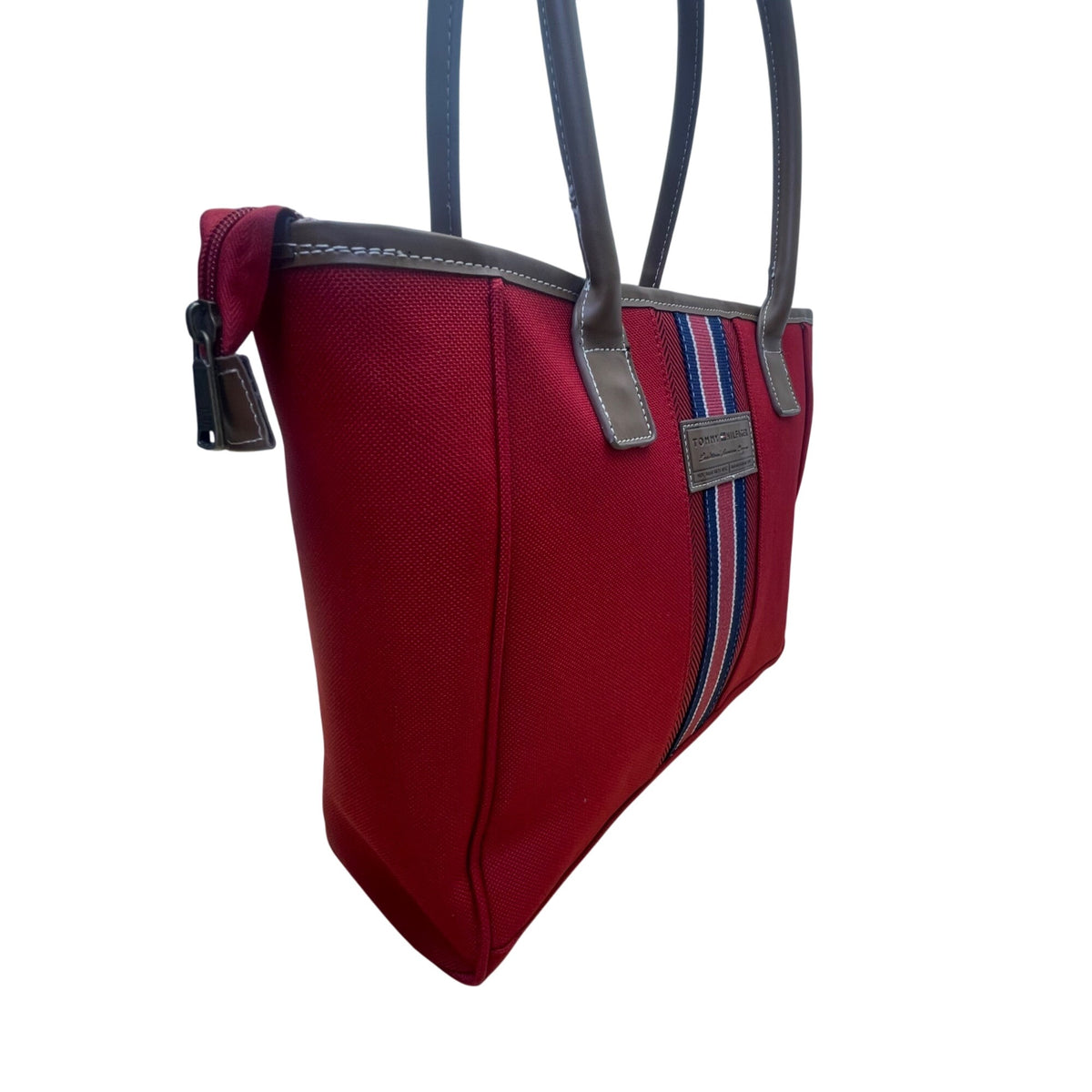Tommy Hilfiger Women’s Red & Blue Canvas & Faux Leather Striped Accent Tote Bag