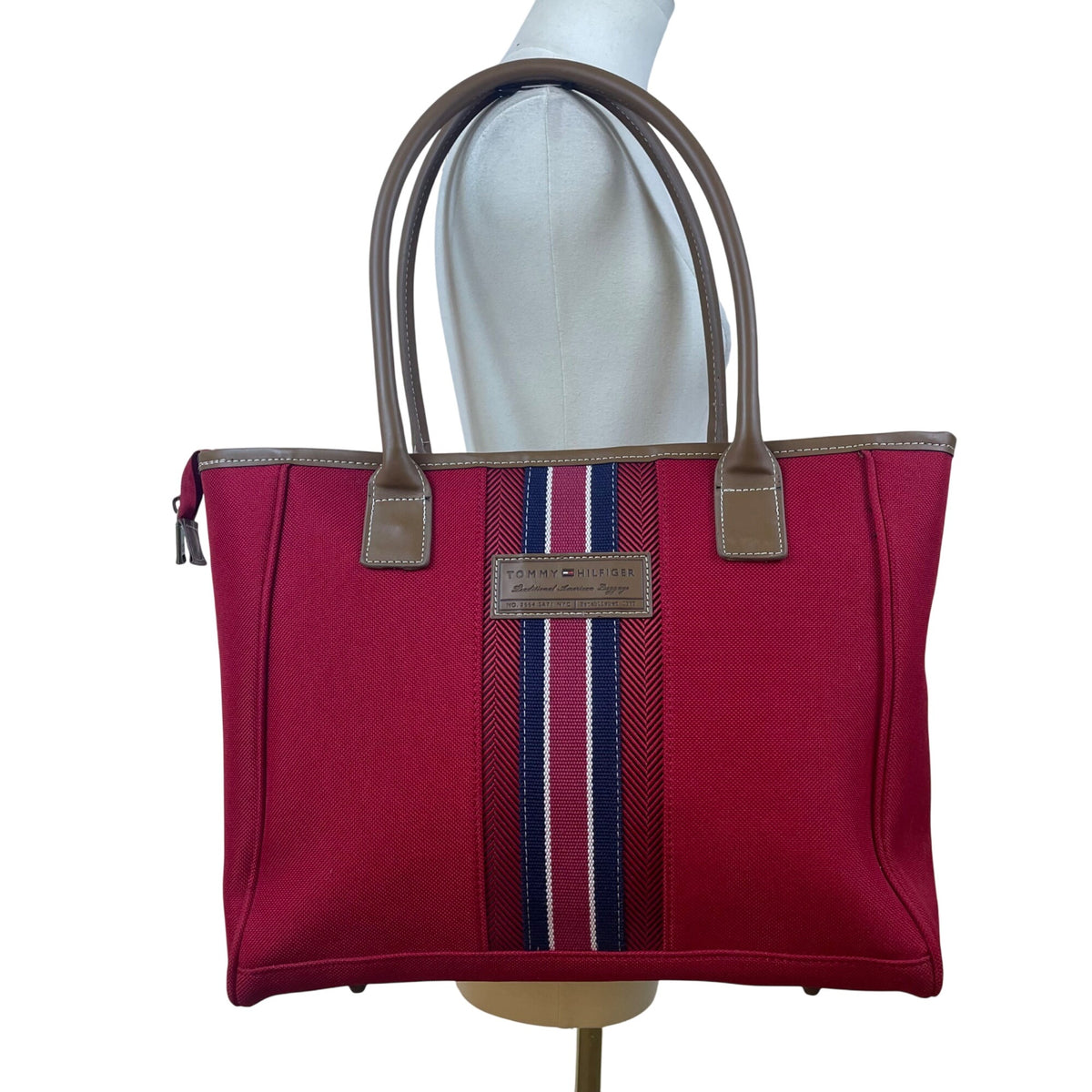 Tommy Hilfiger Women’s Red & Blue Canvas & Faux Leather Striped Accent Tote Bag