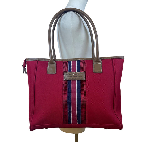 Tommy Hilfiger Women’s Red & Blue Canvas & Faux Leather Striped Accent Tote Bag