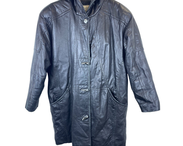 Braefair Leather Womens Black Hooded Full-Length Coat Button Front Size L