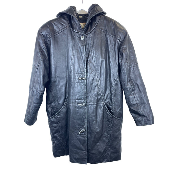 Braefair Leather Womens Black Hooded Full-Length Coat Button Front Size L