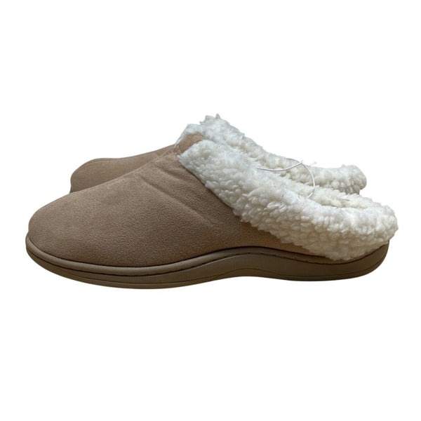 Dearfoams Womens Tan Suede-Like Faux Fur Lining Slip-On Slippers Clogs Sz 10