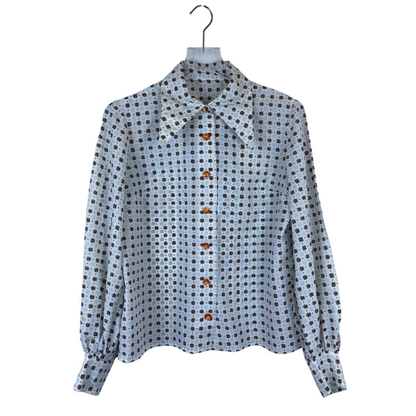 Vintage Womens White Floral Button-Up Blouse Long Sleeve Collared Lightweight Size M