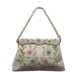 Vintage White Beaded Floral Handbag With Scalloped Edge & Gold Metal Frame